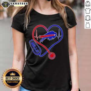 Alt Text: Awesome nurse love Buffalo Bills ladies tee featuring team colors and heart design, perfect for game day.