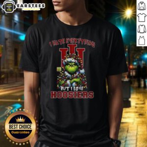 Awesome Santa Grinch T-Shirt design with 'I Hate Everything But I Love Indiana Hoosiers Merry Christmas' text.