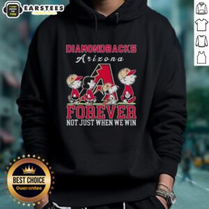Alt Text: Awesome Snoopy and Charlie Brown Arizona Diamondbacks baseball hoodie with 'Forever Not Just When We Win' slogan.