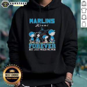 Alt Text: Awesome Snoopy and Charlie Brown Miami Marlins baseball hoodie, celebrating fandom forever, not just during wins.
