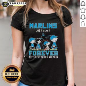 Alt Text: Awesome Snoopy and Charlie Brown Miami Marlins baseball tee for ladies, showcasing team spirit and love for the game.