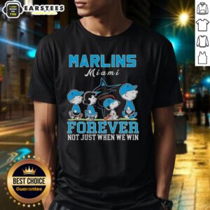 Awesome Snoopy and Charlie Brown Miami Marlins Baseball Forever T-Shirt design featuring fun cartoon graphics.