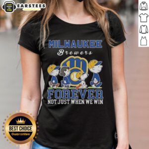 Awesome Snoopy and Charlie Brown Milwaukee Brewers Baseball Forever tee for ladies, celebrating team spirit and loyalty.