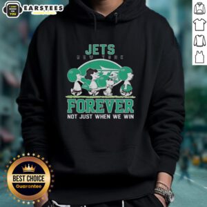 Awesome Snoopy and Charlie Brown New York Jets hoodie featuring 'Forever, Not Just When We Win' slogan.