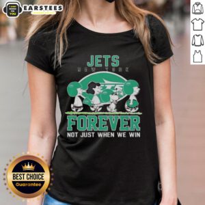 Alt Text: Awesome Snoopy and Charlie Brown New York Jets Forever Tee for ladies, perfect for fans supporting their team.