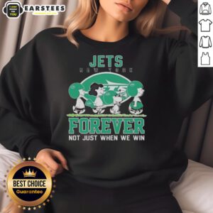 Alt Text: Snoopy and Charlie Brown in New York Jets sweatshirt, showcasing Forever, Not Just When We Win slogan.