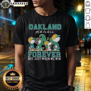 Alt Text: Awesome Snoopy and Charlie Brown Oakland Athletics Baseball Forever T-Shirt celebrating A's fandom and spirit.