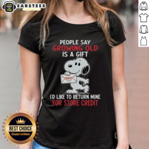 Alt Text: Funny Snoopy graphic tee for ladies with quote about growing old, perfect for playful and humorous fashion lovers.