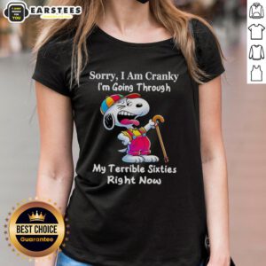 Alt Text: Awesome Snoopy tee for ladies featuring 'Sorry, I Am Cranky, Going Through My Terrible Sixties' design.