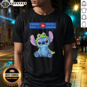 Awesome Stitch cosplay featuring a Crocodile X Canada Post T-shirt, showcasing vibrant colors and detailed design.
