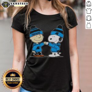 Cute Carolina Panthers Snoopy and Charlie Brown best friends graphic on a ladies tee shirt.