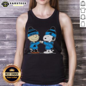 Alt Text: Cute Carolina Panthers tank top featuring Snoopy and Charlie Brown as best friends, perfect for fans.