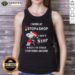 Alt Text: Funny Snoopy Christmas tank top with 'I work at the stop supermarket, I don't stop when I'm tired' slogan.
