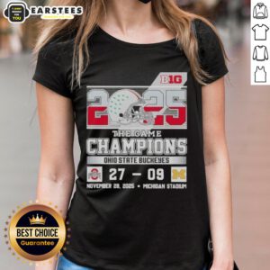 Ohio State Buckeyes champions celebrate victory at Michigan Stadium, wearing ladies' tee for Big Ten The Game.