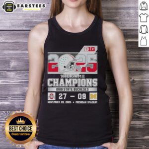 Ohio State Buckeyes fans celebrate in tank tops at Michigan Stadium after their victory in the Big Ten Championship Game.
