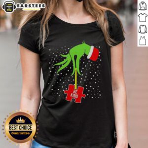 Good Grinch Hand Be Kind puzzle design on a Christmas ladies tee for Autism Awareness, promoting kindness and inclusivity.