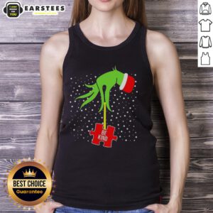 Alt Text: Good Grinch Hand Be Kind Puzzle Autism Awareness Christmas Tank Top featuring festive design for holiday spirit.