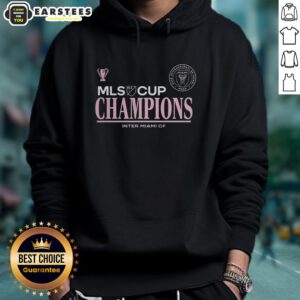 Alt Text: 2025 Inter Miami CF MLS Cup Champions logo hoodie with vibrant design and diving stretch graphic.