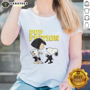 Good Lucy and Snoopy Pulp Fiction ladies tee featuring vibrant graphics and stylish design for casual fashion lovers.