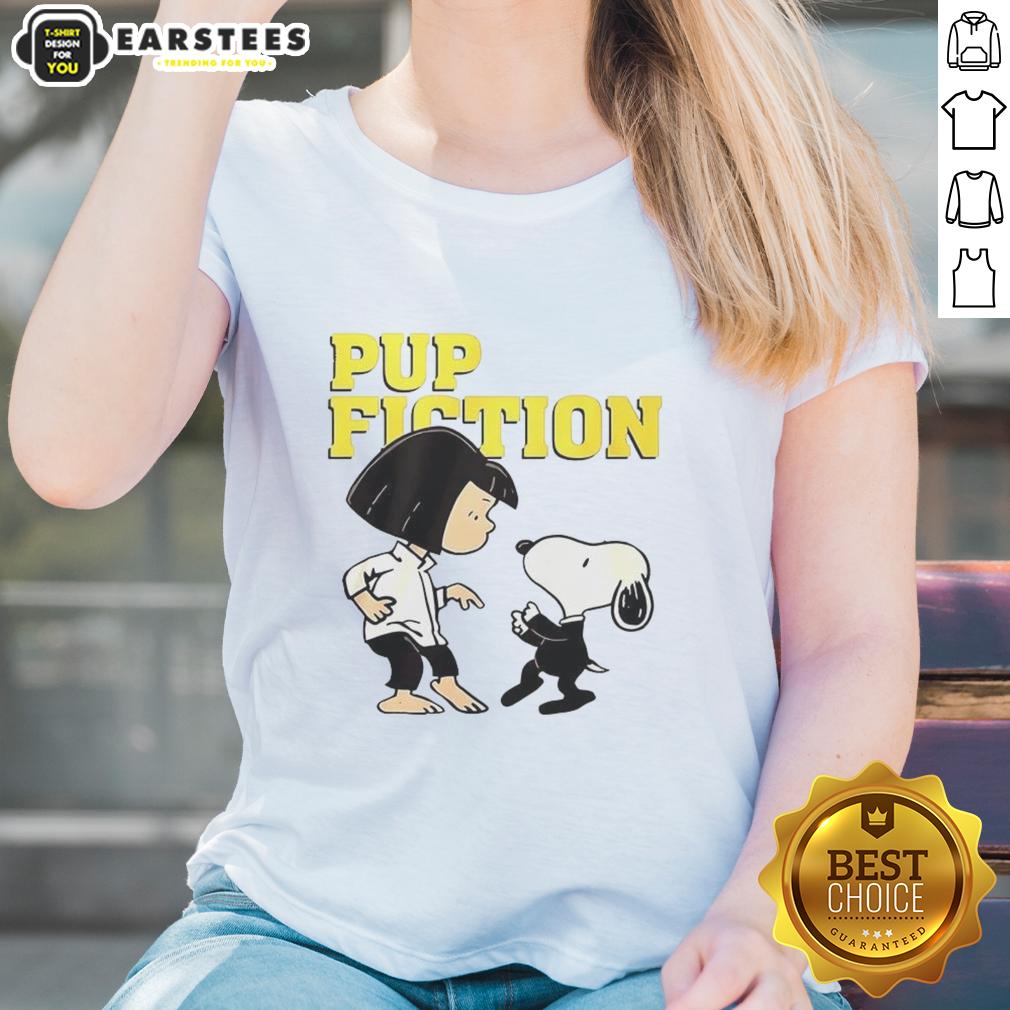 Good Lucy and Snoopy Pulp Fiction ladies tee featuring vibrant graphics and stylish design for casual fashion lovers.