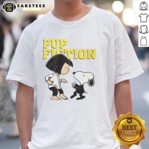 Good Lucy and Snoopy Pulp Fiction T-Shirt featuring iconic characters in a stylish, playful design for fans.