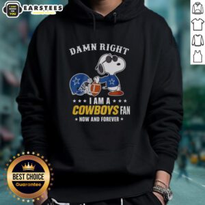 Snoopy in a hoodie with 'Damn Right I'm a Cowboys Fan' text, showcasing team spirit for Dallas Cowboys fans.