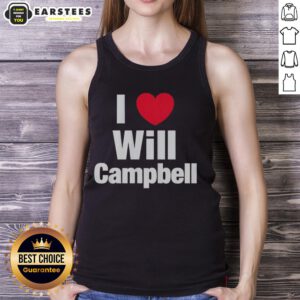 Happy woman wearing a 'I Love Will Campbell' New England Patriots tank top, showcasing team spirit and enthusiasm.