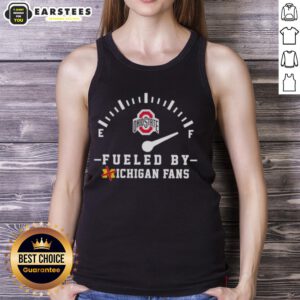 Happy Ohio State Buckeyes fans wearing a tank top, showing team spirit and excitement for the game against Michigan.