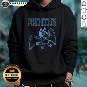 Cute Blue Heeler wearing a Bluey hoodie, showcasing stylish pet fashion and playful personality.