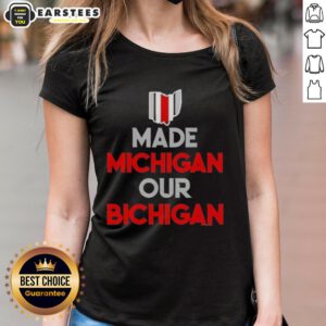 Ohio Buckeyes 'Made Michigan Our Bichigan' quote ladies tee, perfect for fans celebrating rivalry spirit in style.