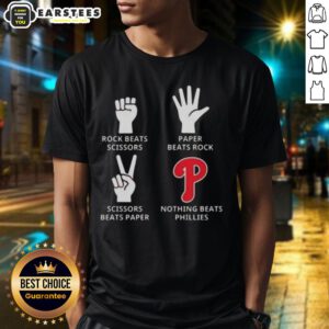 Philadelphia Phillies T-shirt featuring 'Nothing Beats Rock Beats Scissors Paper Beats Rock Scissors Beats Paper' design.