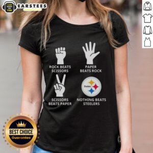 Alt Text: Pittsburgh Steelers ladies tee featuring 'Nothing Beats Rock, Scissors, Paper Beats Rock, Scissors Beats Paper' design.