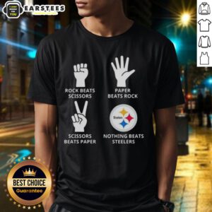 Alt Text: Pittsburgh Steelers T-Shirt: 'Nothing Beats Rock Beats Scissors Paper Beats Rock Scissors Beats Paper' design