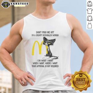 Grumpy McDonald's woman tank top featuring a tired cat design, perfect for cat lovers with a sassy attitude.