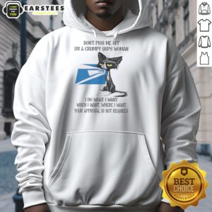 Grumpy USPS woman hoodie with a tired cat graphic, showcasing a humorous attitude and a playful design for cat lovers.
