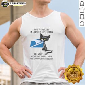Grumpy USPS woman in a tank top with a tired cat, showcasing a humorous and rebellious attitude. Perfect for cat lovers!