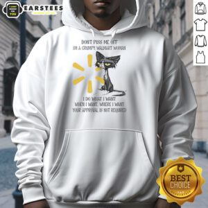 Grumpy Walmart woman wearing a hoodie with a tired cat design, showcasing a humorous and sassy attitude.