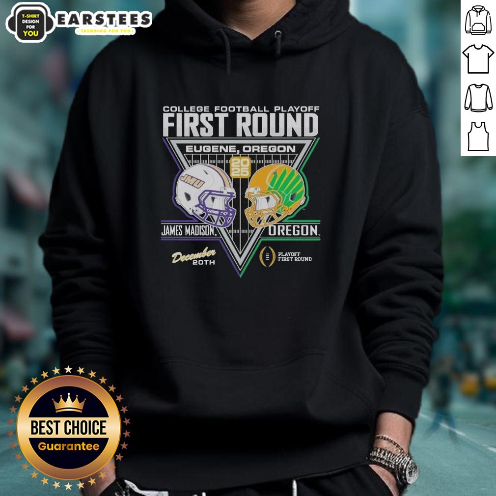 James Madison Dukes vs Oregon Ducks 2025 College Football Playoffs hoodie featuring team logos and playoff graphics.