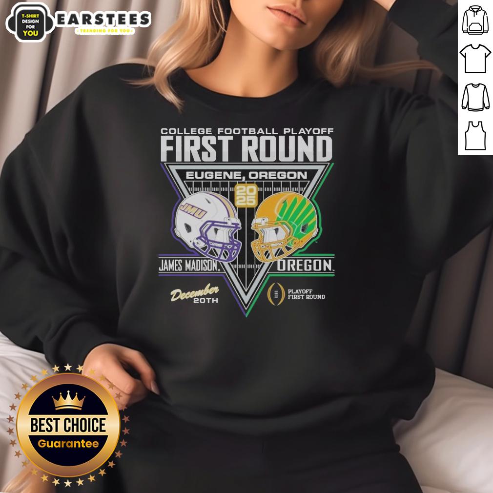Official James Madison Dukes vs Oregon Ducks 2025 College Football Playoffs sweatshirt showcasing team logos and vibrant design.