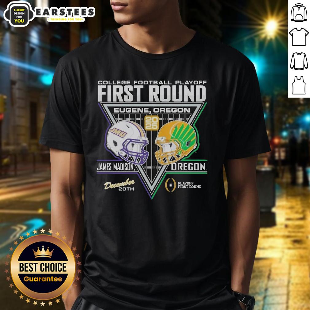 Official James Madison Dukes vs Oregon Ducks 2025 College Football Playoffs t-shirt showcasing team logos and playoff graphics.