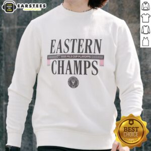 Alt Text: Premium Inter Miami CF 2025 MLS Eastern Conference Champions locker room sweatshirt displayed in vibrant colors.
