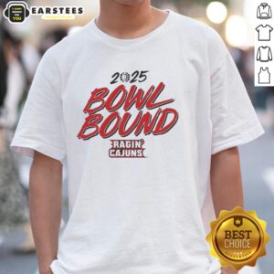 Alt Text: Premium Louisiana Ragin' Cajuns 2025 Bowl Bound T-Shirt featuring bold team colors and logo, perfect for fans.