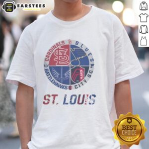 Alt Text: Premium St. Louis Cardinals, Blues, Battlehawks, and City SC T-shirt showcasing vibrant team logos and colors.
