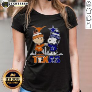 Alt Text: Premium Texas City skyline featuring Charlie Brown, Texas Longhorns, and Snoopy with Dallas Cowboys ladies tee design.