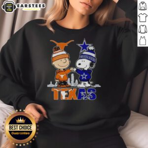 Alt Text: Premium Texas City skyline sweatshirt featuring Charlie Brown, Texas Longhorns, and Dallas Cowboys designs.