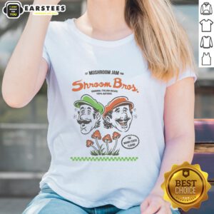 Alt Text: Premium Mushroom Jam T-shirt featuring Mario and Luigi from Shroom Bros, established 1985, perfect for gaming fans.