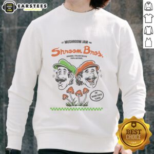 Alt Text: Premium mushroom jam sweatshirt featuring Mario and Luigi by Shroom Bros, established 1985, in vibrant colors.