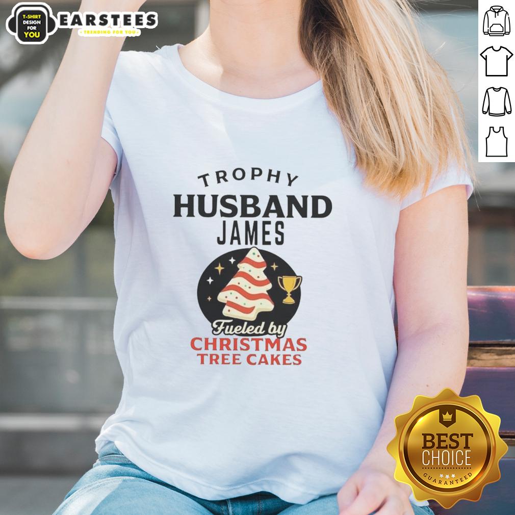 Premium Trophy Husband James tee featuring festive Christmas Tree Cakes design, perfect for holiday celebrations.