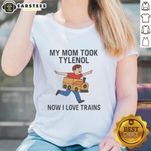 Funny meme featuring a woman in a tee shirt saying 'My mom took Tylenol, now I love trains' for train enthusiasts.