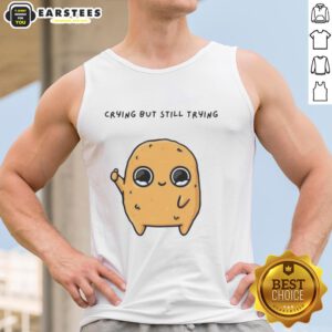 Alt Text: Pretty Sad Nuggie crying but trying cartoon mascot on a tank top, showcasing a playful yet emotional design.
